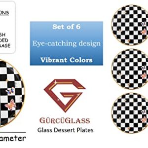 Glass Plate Set 7,8 Inch - Salad Plates | Dessert Plates - Lunch Plates - Small, Set of 6, Suitable for Snacks, Appetizer, Home, Party, Restaurant (Checkered (white-black))