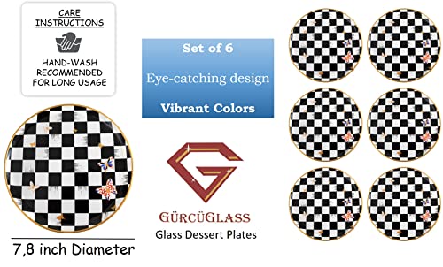 Glass Plate Set 7,8 Inch - Salad Plates | Dessert Plates - Lunch Plates - Small, Set of 6, Suitable for Snacks, Appetizer, Home, Party, Restaurant (Checkered (white-black))