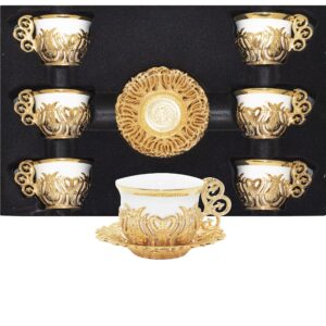 alisveristime turkish coffee cup set, white porcelain and zinc metal with turkish motifs, 6 cups and saucers (gold)