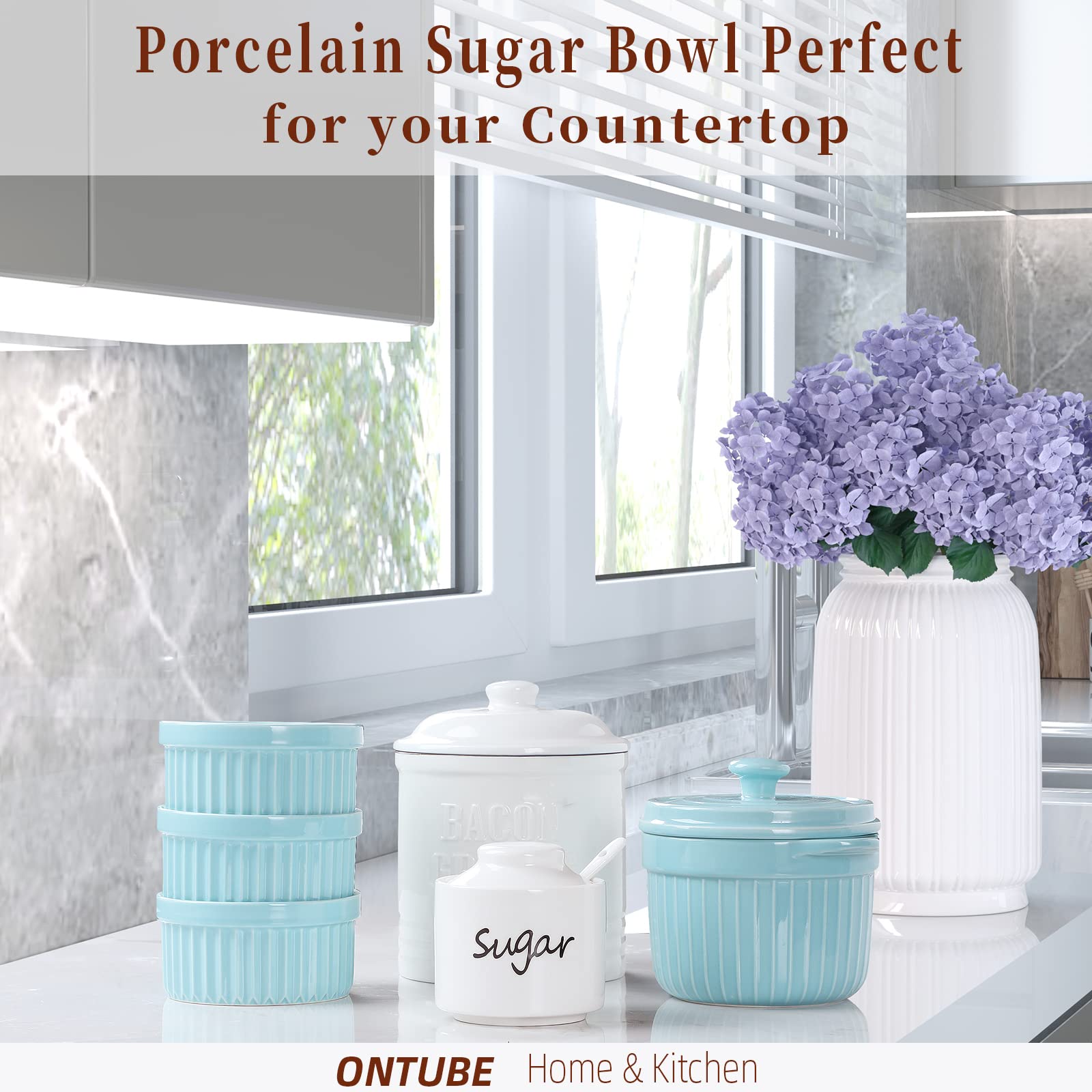 ONTUBE Ceramic Sugar Bowl with Lid and Spoon,Porcelain Sugar Pot,8oz (White)