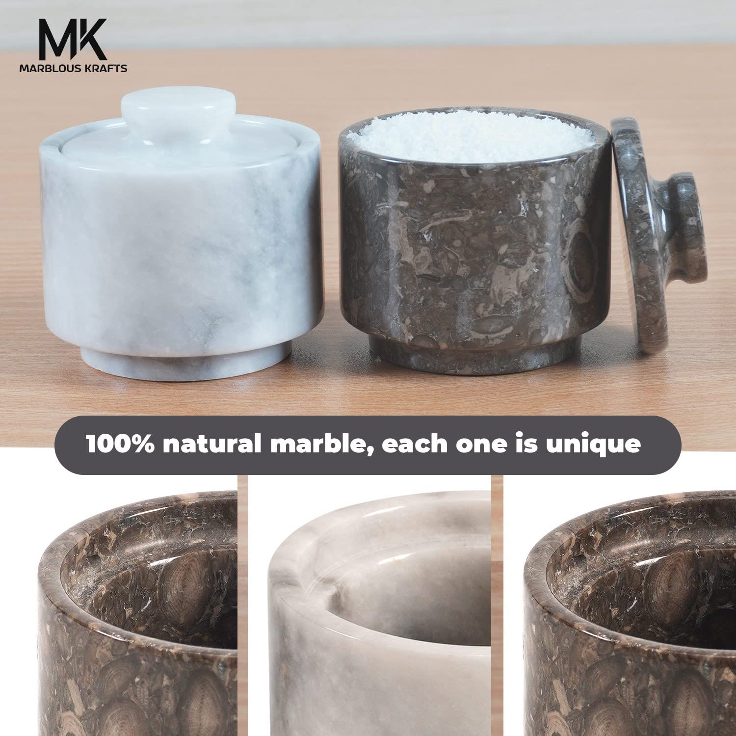 MARBLOUS KRAFTS stylish marble salt and pepper cellar white and grey oceanic 3.5 oz salt cellar, salt container and tea storage box 3" X 3" salt holder with lid (White and Grey Oceanic)