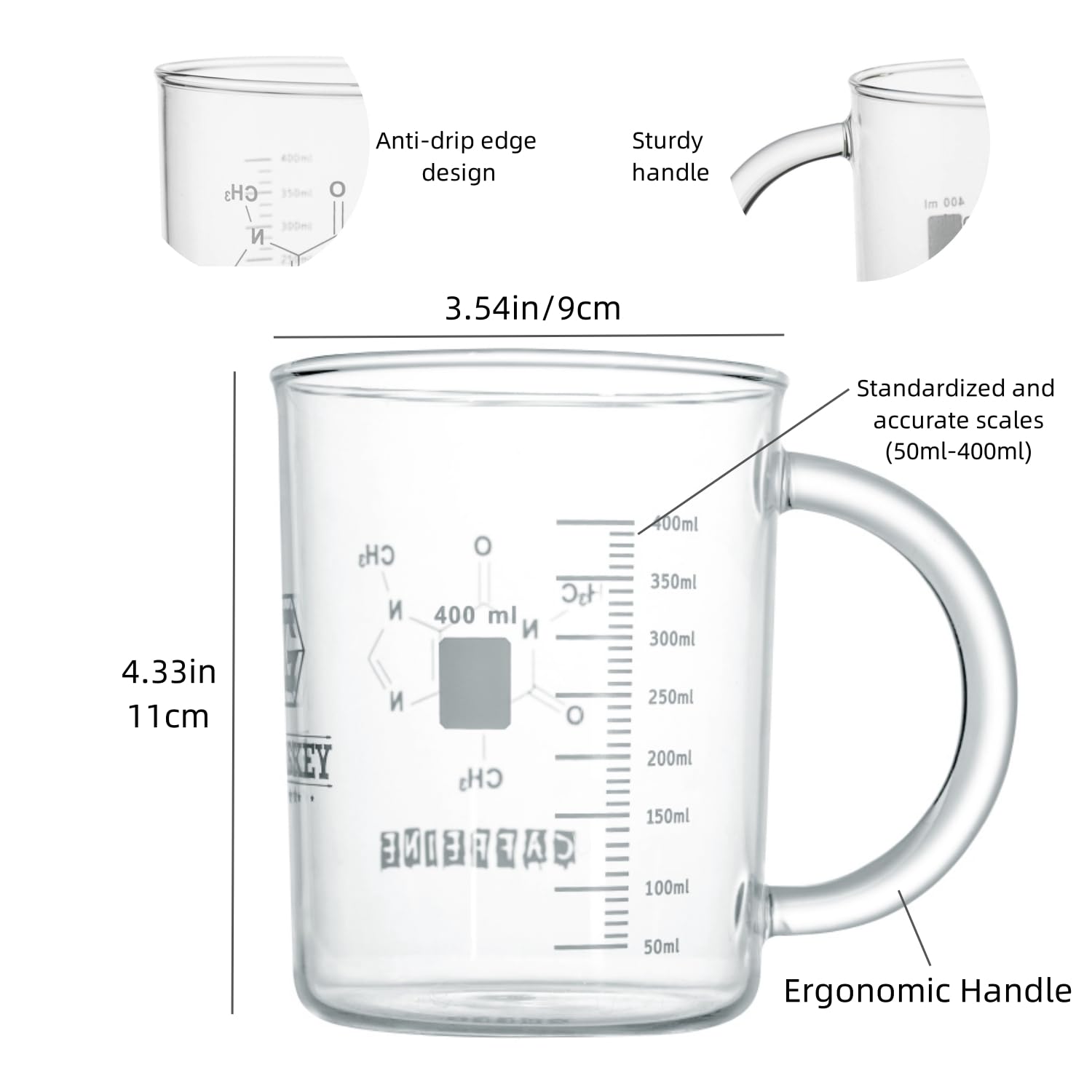 GLASKEY Caffeine Beaker Mug,16 oz Anti-dripping Borosilicate Caffeine Mug,Cool Coffee Mugs with Handle,Chemistry Mug,Measuring for Coffee,Tea,Hot and Cold Beverage