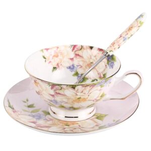 jinglory pink tea cup,floral tea cup and saucer set,bone china tea set,coffee cup,tea set for adults/friends/women/men,7oz