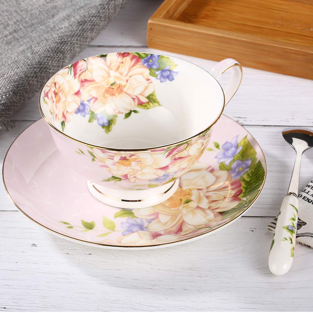 JinGlory Pink Tea Cup,Floral Tea Cup and Saucer Set,Bone China Tea Set,Coffee Cup,Tea Set for Adults/Friends/Women/Men,7OZ