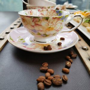 JinGlory Pink Tea Cup,Floral Tea Cup and Saucer Set,Bone China Tea Set,Coffee Cup,Tea Set for Adults/Friends/Women/Men,7OZ