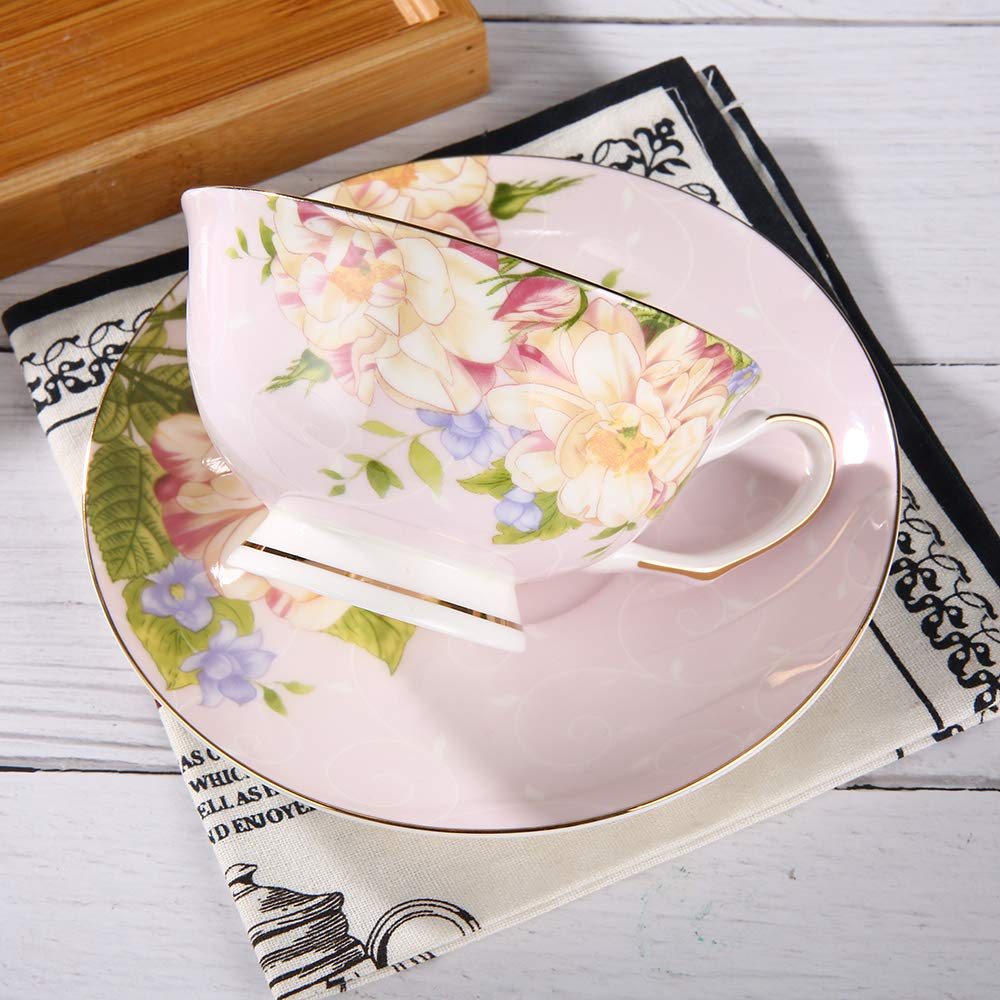 JinGlory Pink Tea Cup,Floral Tea Cup and Saucer Set,Bone China Tea Set,Coffee Cup,Tea Set for Adults/Friends/Women/Men,7OZ