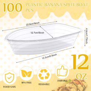 Rtteri Banana Split Boat Plate 12oz Disposable Ice Cream Sundae Bowls Banana Split Bowls Clear PET Plastic Splits Bowl Tray for Kid Party Dish Dessert Birthday Carnivals Gelato Home (200 Pcs)