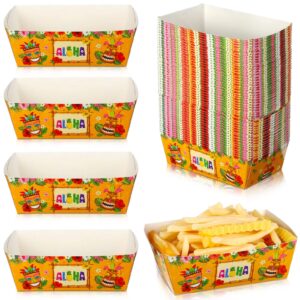 blulu 50 packs hawaiian party decoration tiki disposable paper food tray aloha nacho tray luau paper food holder boat tropical party paperboard tray palm leaf for summer beach pool party (tiki)