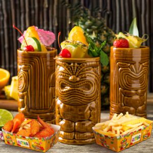 Blulu 50 Packs Hawaiian Party Decoration Tiki Disposable Paper Food Tray Aloha Nacho Tray Luau Paper Food Holder Boat Tropical Party Paperboard Tray Palm Leaf for Summer Beach Pool Party (Tiki)