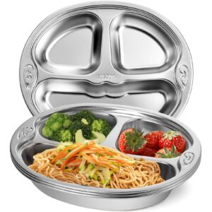 soujoy 4 pack divided plate, stainless steel diet control dinner plate, 3 sections korean unbreakable monkey shape compact food serving tray for kids, picky eaters, campers