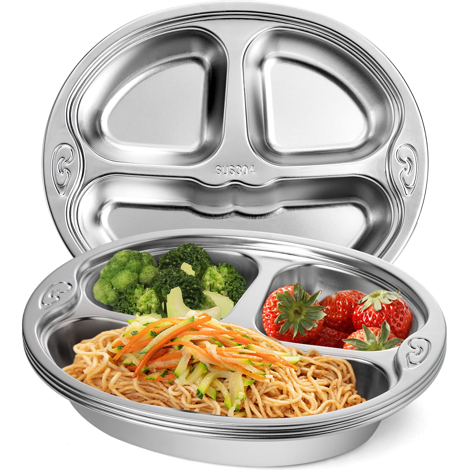 SOUJOY 4 Pack Divided Plate, Stainless Steel Diet Control Dinner Plate, 3 Sections Korean Unbreakable Monkey Shape Compact Food Serving Tray for Kids, Picky Eaters, Campers