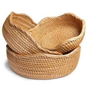hitomen handmade rattan bread baskets round wicker fruit serving storage bowls, natural woven decorative kitchen counter organizing (honey brown) set of 3
