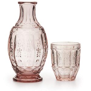 Zanzer Pink/Purple Vintage Bedside Night Carafe Set with Glass Tumbler Perfect for Storing Water, Juice and Other Drinks on Desktop/Shelf