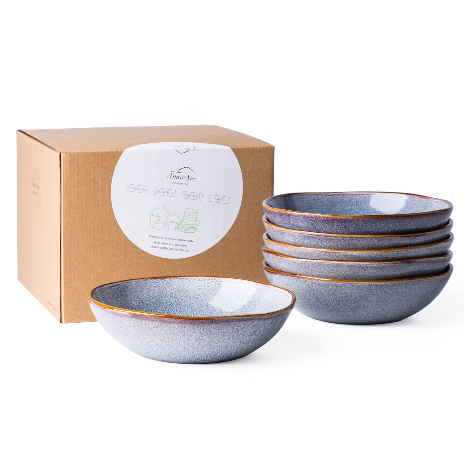 AmorArc Ceramic Cereal Bowls Set of 6, 24 oz Handmade Stoneware Bowls Set for Cereal Soup Salad, Stylish Kitchen bowls for Meal, Dishwasher & Microwave Safe, Reactive Glaze Gray Blue