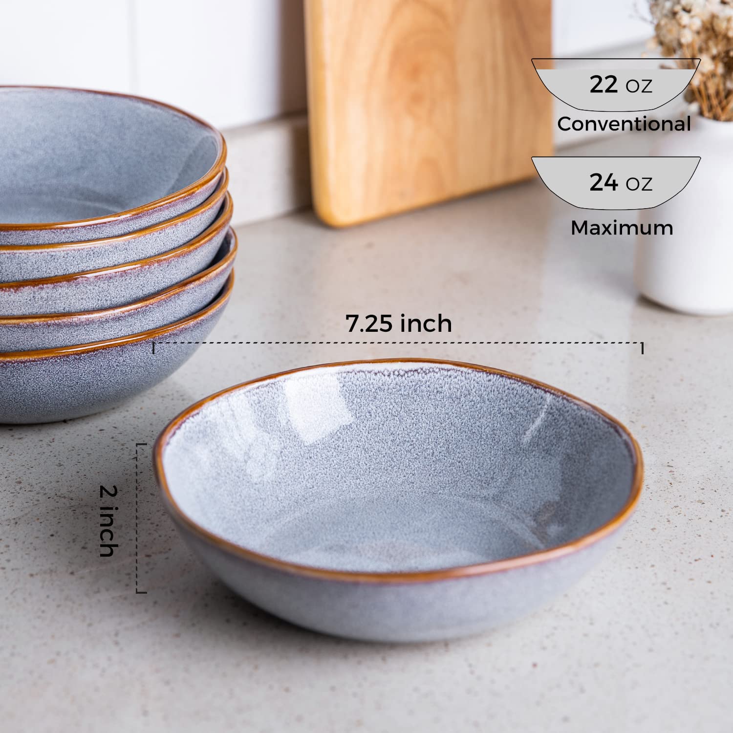 AmorArc Ceramic Cereal Bowls Set of 6, 24 oz Handmade Stoneware Bowls Set for Cereal Soup Salad, Stylish Kitchen bowls for Meal, Dishwasher & Microwave Safe, Reactive Glaze Gray Blue