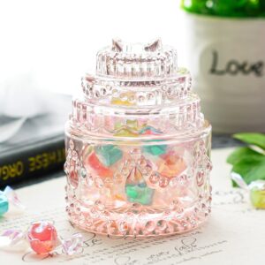 glass candy dishes decorative,pink cake shaped crystal candy jar with lids,candy bowl with lid, candy storage food container jar,candy cookie dish for office desk wedding(2.3 inch)