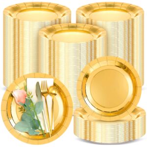 patelai 120 pcs wedding disposable charger plates bulk 13 inch charger dinner plate paper cardboard charger service plates round dinner charger for bridal party baby shower table setting (gold)