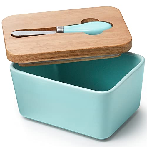 DOWAN Butter Dish, Large Ceramic Butter Dish with Lid for Countertop, Farmhouse Butter Keeper with Knife and High-quality Silicone Holds Two Sticks of Butter, Turquoise