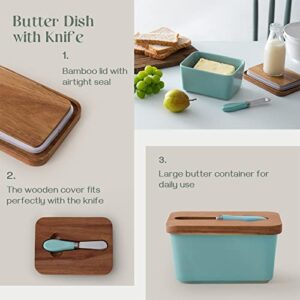 DOWAN Butter Dish, Large Ceramic Butter Dish with Lid for Countertop, Farmhouse Butter Keeper with Knife and High-quality Silicone Holds Two Sticks of Butter, Turquoise