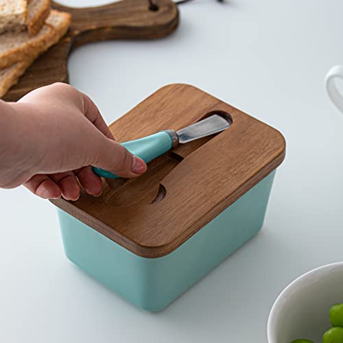 DOWAN Butter Dish, Large Ceramic Butter Dish with Lid for Countertop, Farmhouse Butter Keeper with Knife and High-quality Silicone Holds Two Sticks of Butter, Turquoise