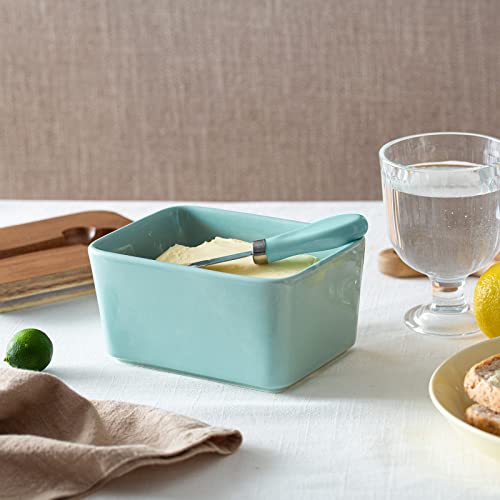 DOWAN Butter Dish, Large Ceramic Butter Dish with Lid for Countertop, Farmhouse Butter Keeper with Knife and High-quality Silicone Holds Two Sticks of Butter, Turquoise