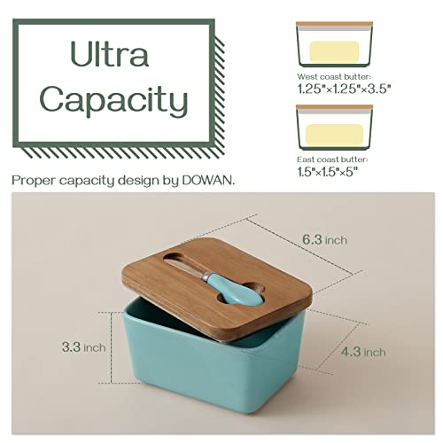 DOWAN Butter Dish, Large Ceramic Butter Dish with Lid for Countertop, Farmhouse Butter Keeper with Knife and High-quality Silicone Holds Two Sticks of Butter, Turquoise