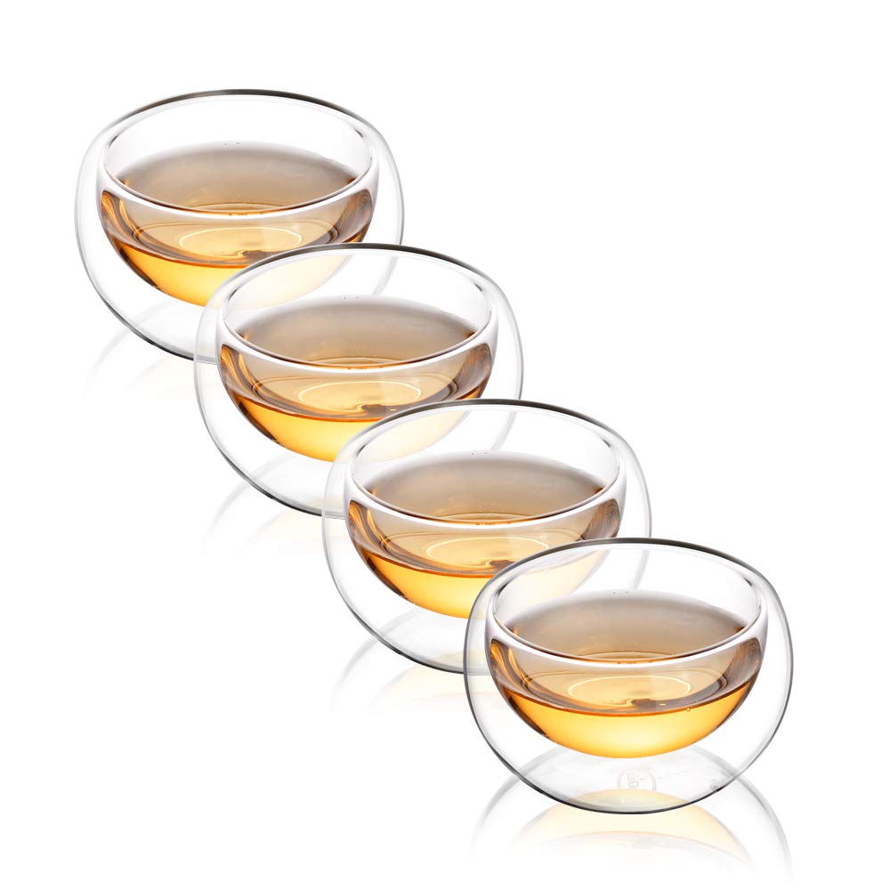 CNGLASS Tea Cups Set of 4 Double Wall Glass Tea Cup, 5.1oz Asian Insulated Clear Teacups 150ML,Small Espresso Cup for Coffee