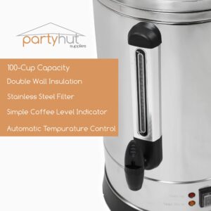 PartyHut 100-Cup XL Commercial Coffee Urn | Stainless Steel Coffee Maker Hot Beverage Dispenser for Catering & Events | Extra Large Commercial Size Coffee Brewer Broiler