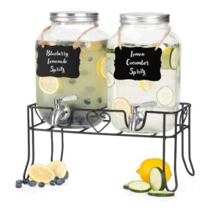 crutello 2 pack glass beverage dispenser with stainless steel spigots, 1 gallon drink dispenser metal black stand, lemonade, tea, water, laundry detergent - a family-owned american brand