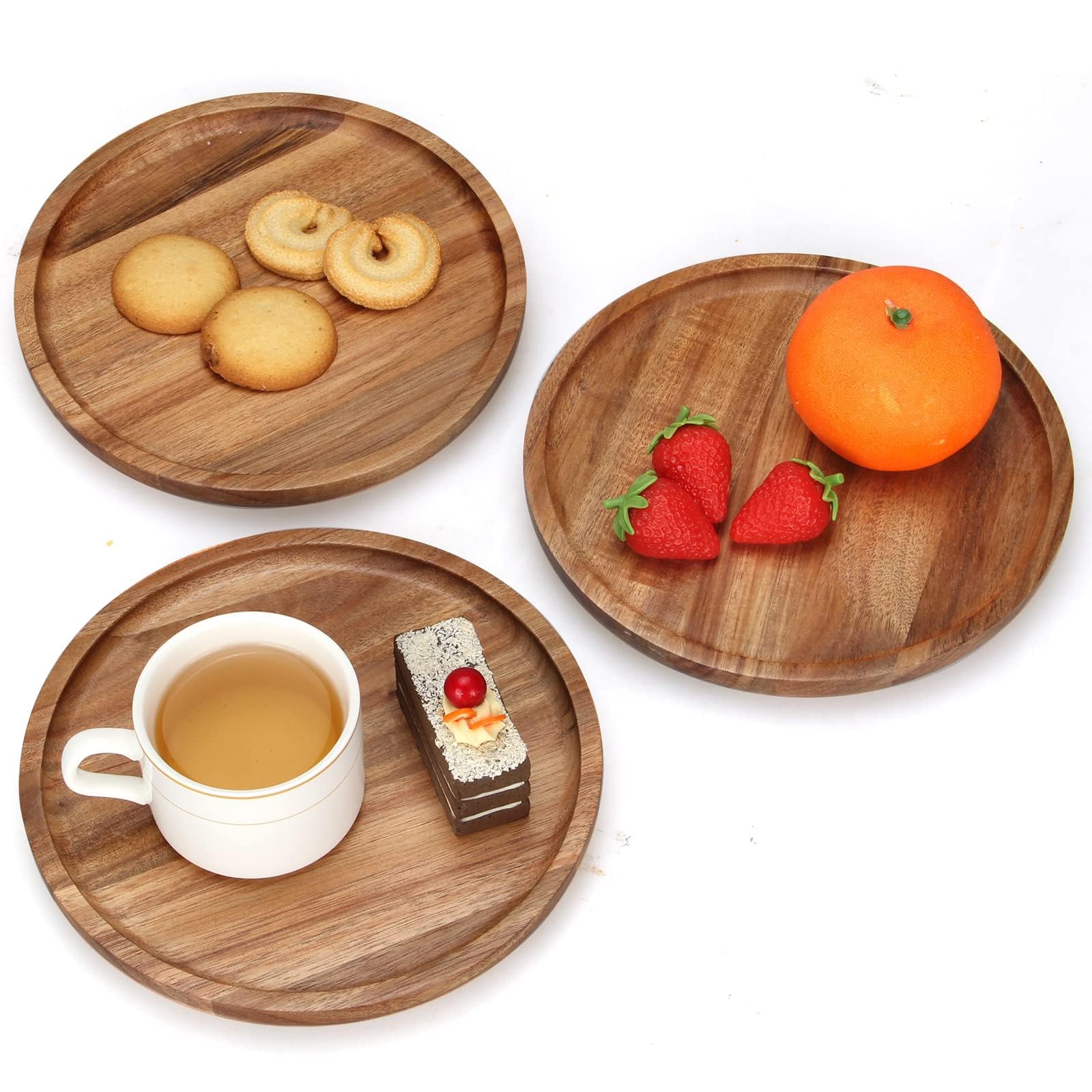 Renawe 3 pcs Acacia Wood Dinner Plates 10 inch Round Charcuterie Board Wooden Charger Plate Dish Decorative Charcuterie Tray Salad Dessert Plate Decor Tray Appetizer Cheese Serving Board