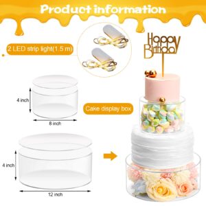 Choowin 2 Pcs Clear Acrylic Cake Stand with Lid Fillable Cake Stand Cake Riser Cake Tier Cake Display Round Cake Stand Wedding Cake Stand Cylinder Stand for Party Birthday(12 inch,8 inch,with Lights)