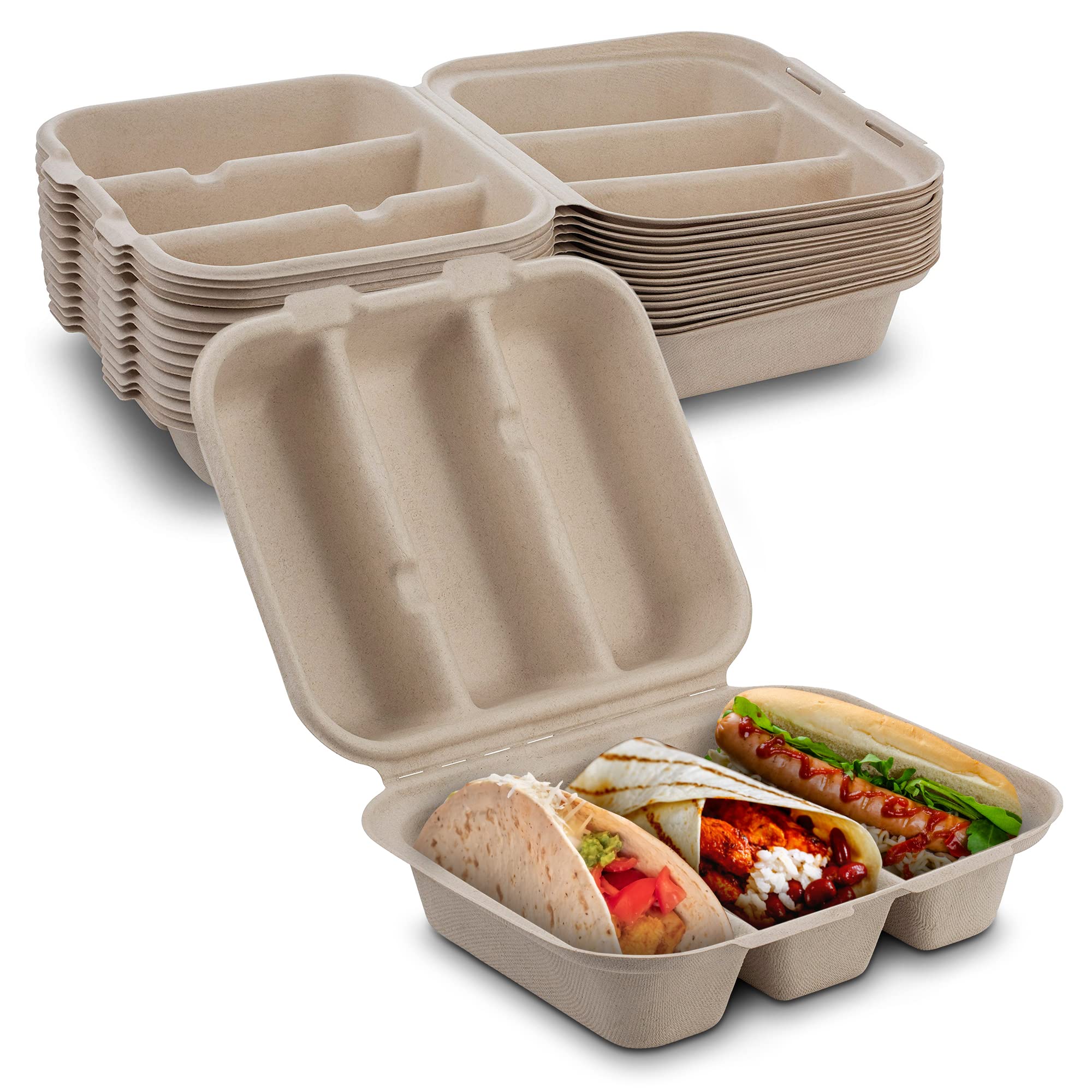 MT Products Taco Container - 15 Pieces Disposable Pulp Fiber 3 Compartment Taco Holder with Lid - Size 8” x 7” x 3" Keeps Taco Upright