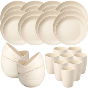 32 pcs wheat straw dinnerware sets for 8 kitchen reusable dinner plates, reliable cereal bowls, lightweight children cups kids tableware set dishwasher safe for camping party picnic event (beige)