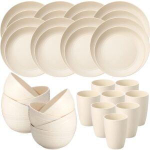 32 Pcs Wheat Straw Dinnerware Sets for 8 Kitchen Reusable Dinner Plates, Reliable Cereal Bowls, Lightweight Children Cups Kids Tableware Set Dishwasher Safe for Camping Party Picnic Event (Beige)