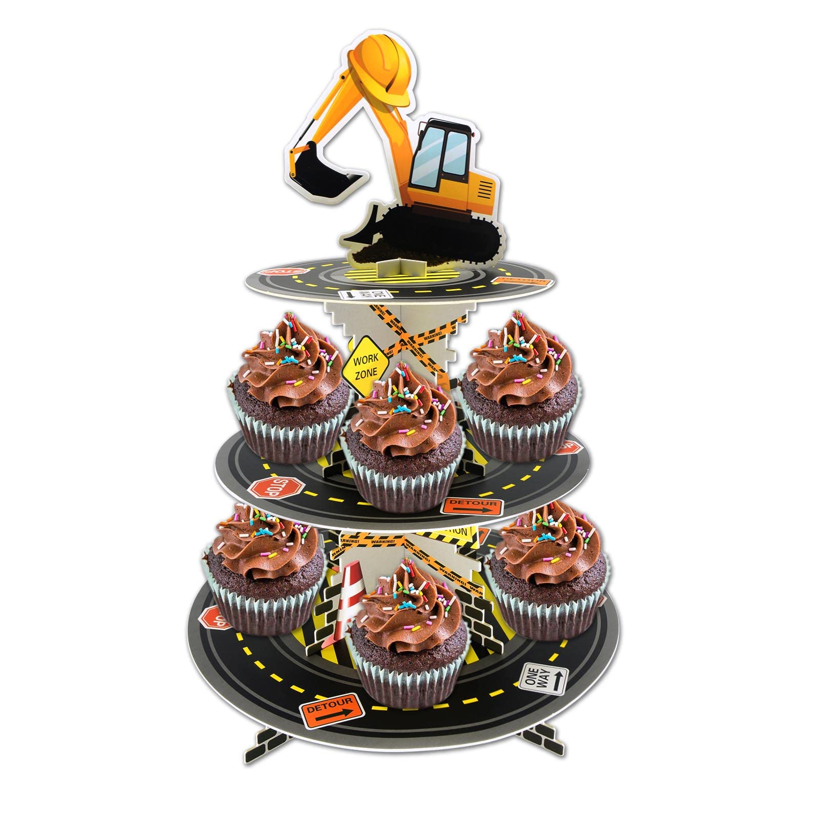 Construction Birthday Decorations Cupcake Stand Cardboard Dessert Stand 3 Tire Mini Cake Stand Reusable Kid Birthday Baby Shower Party Supplies Treat Stand