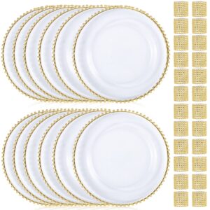 mwellewm charger plates set of 12 and 24 pack napkin rings, acrylic gold beaded clear 13 inch chargers for dinner serving plates decor wedding, party, decoration