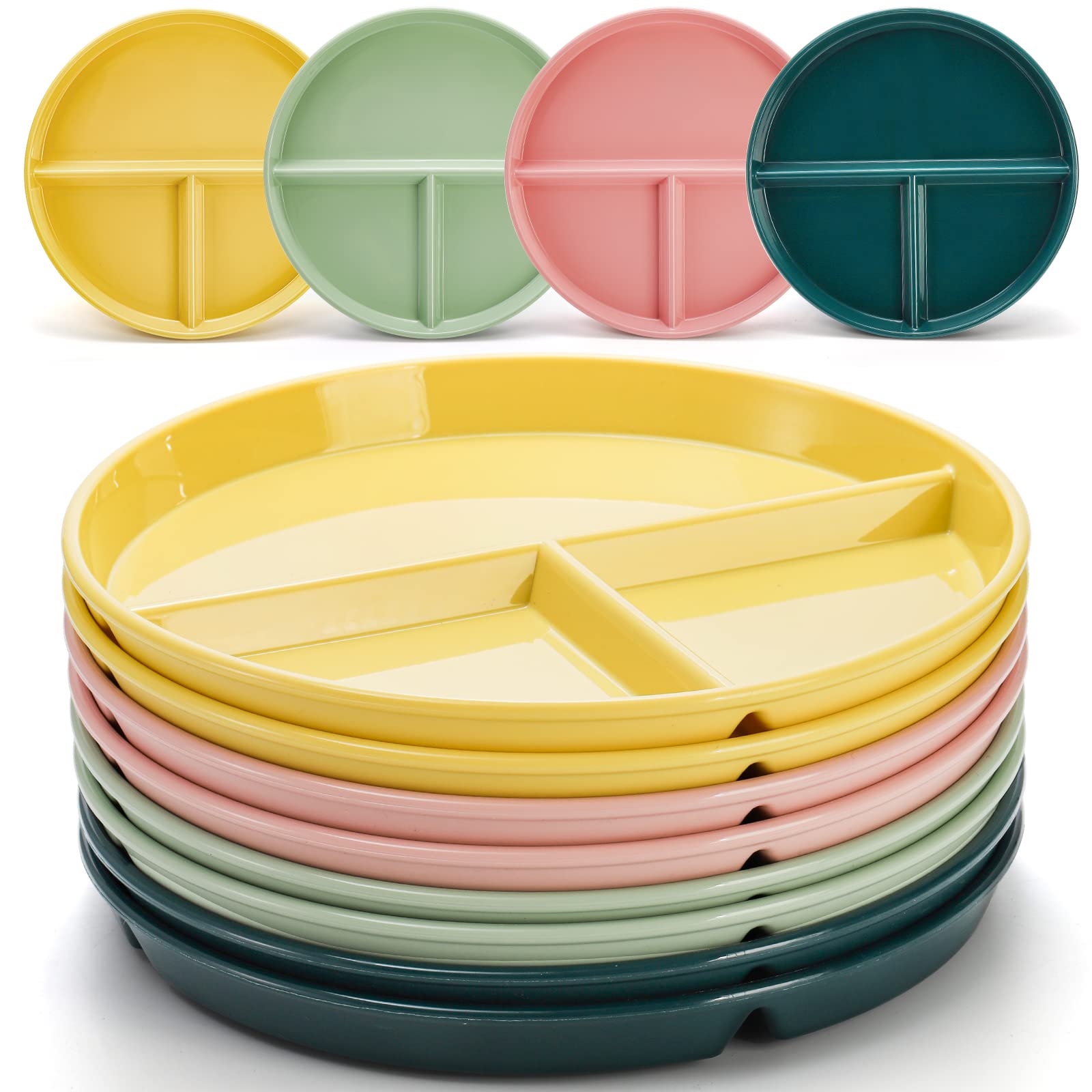 ZENFUN 8 Pack Unbreakable Divided Plates, 9'' Round Plastic Portion Control Plates, Dinner Plate Kids Plates Diet Plate for Children, Adults, Picnic, Microwave and Dishwasher Safe, 4 Colors