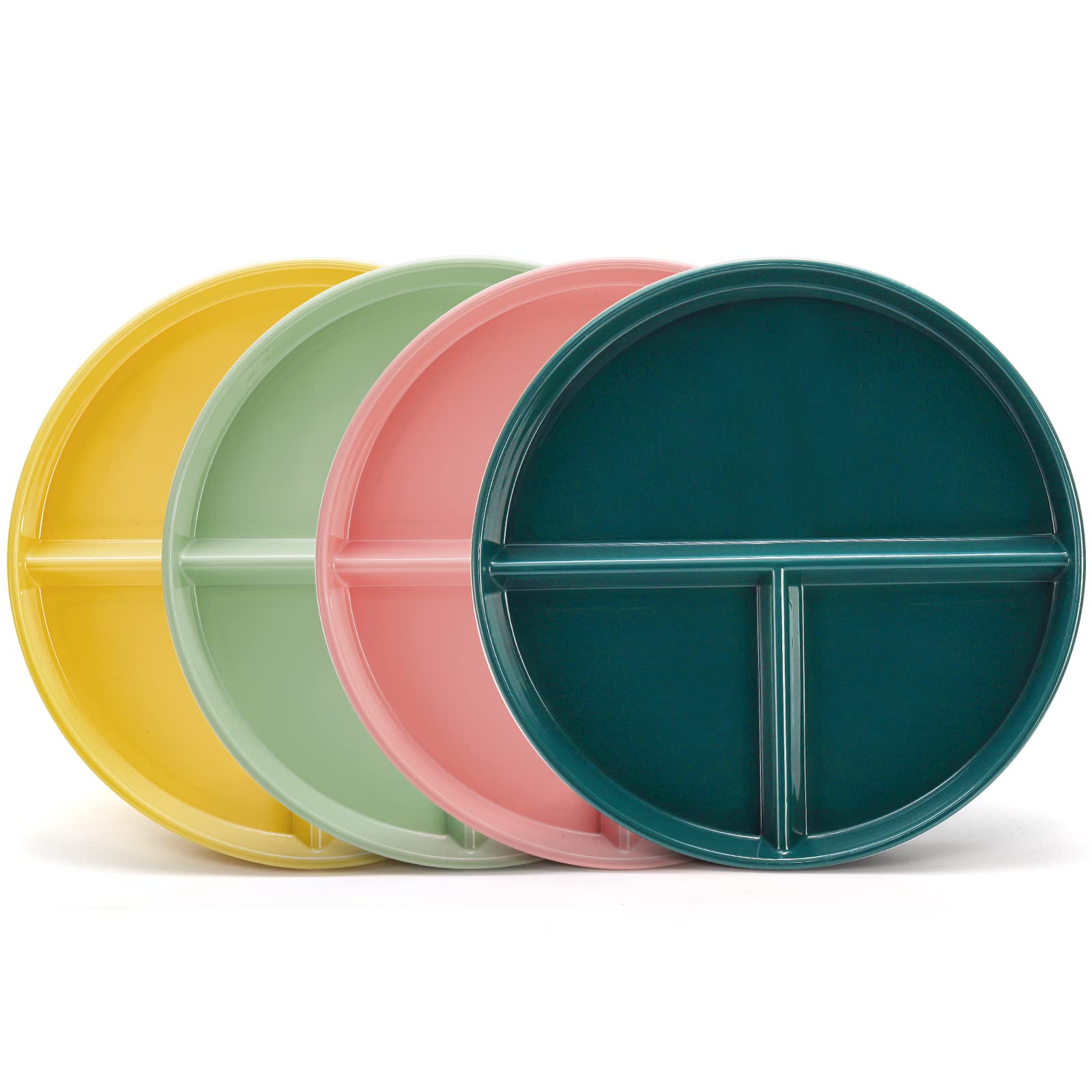 ZENFUN 8 Pack Unbreakable Divided Plates, 9'' Round Plastic Portion Control Plates, Dinner Plate Kids Plates Diet Plate for Children, Adults, Picnic, Microwave and Dishwasher Safe, 4 Colors