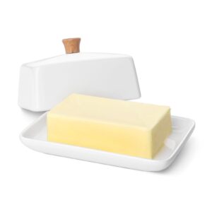 flexzion ceramic white european butter dish with lid for countertop (7 inch) - wide 2 stick double butter holder for counter, cream cheese container storage keeper
