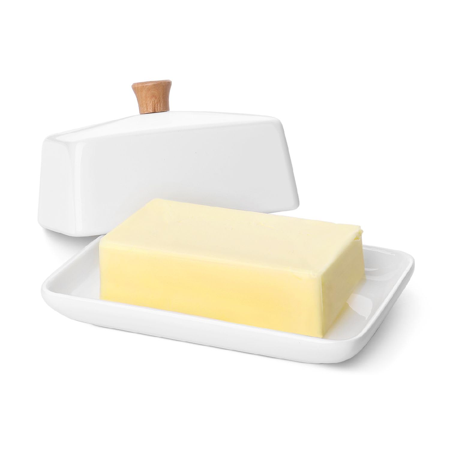 Flexzion Ceramic White European Butter Dish with Lid for Countertop (7 Inch) - Wide 2 Stick Double Butter Holder for Counter, Cream Cheese Container Storage Keeper