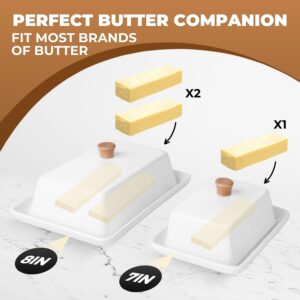 Flexzion Ceramic White European Butter Dish with Lid for Countertop (7 Inch) - Wide 2 Stick Double Butter Holder for Counter, Cream Cheese Container Storage Keeper
