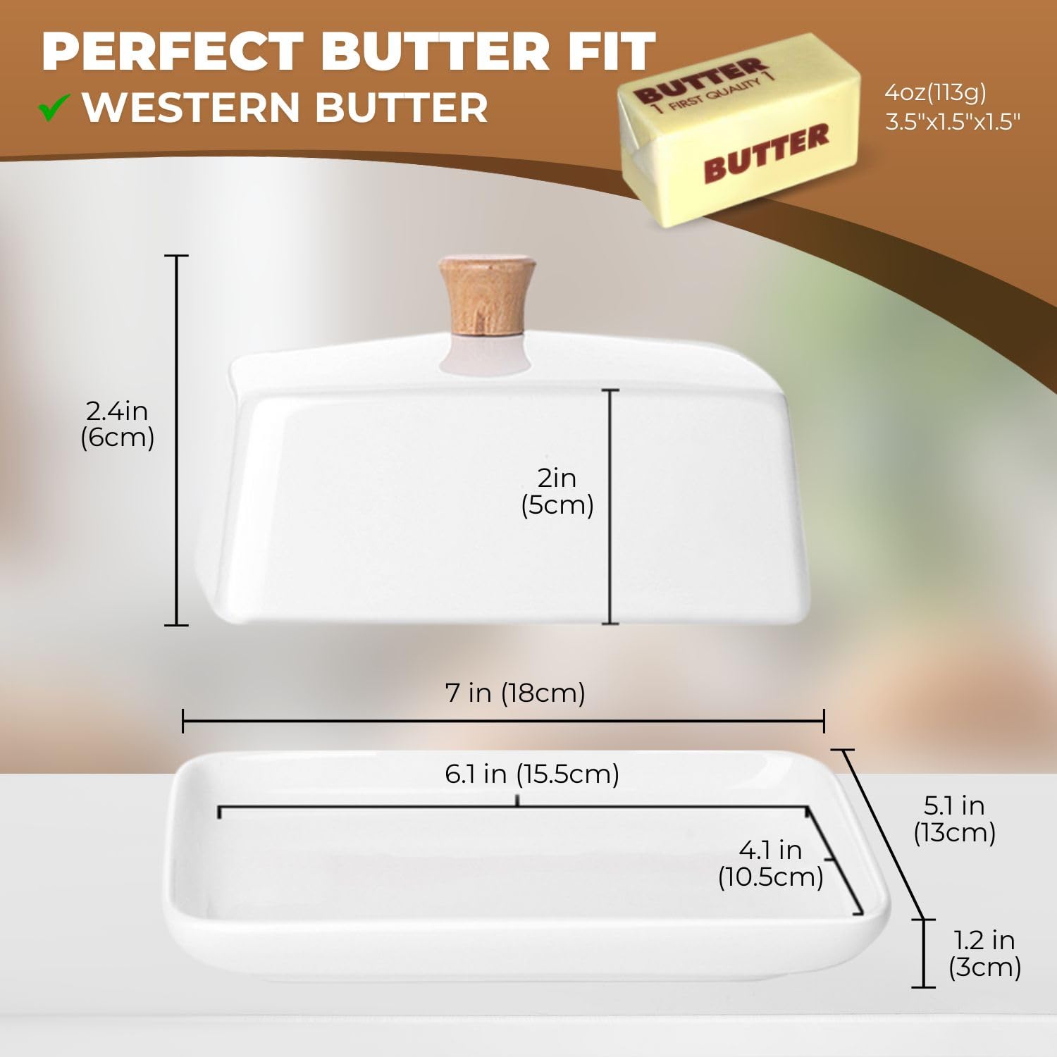 Flexzion Ceramic White European Butter Dish with Lid for Countertop (7 Inch) - Wide 2 Stick Double Butter Holder for Counter, Cream Cheese Container Storage Keeper