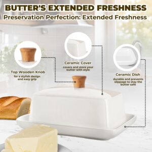 Flexzion Ceramic White European Butter Dish with Lid for Countertop (7 Inch) - Wide 2 Stick Double Butter Holder for Counter, Cream Cheese Container Storage Keeper