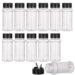 feoowv 12 pack - 3.3 oz plastic spice jars bottles containers with black screw lids to pour or shake - perfect for storing spice, herbs and powders - lined cap - bpa free