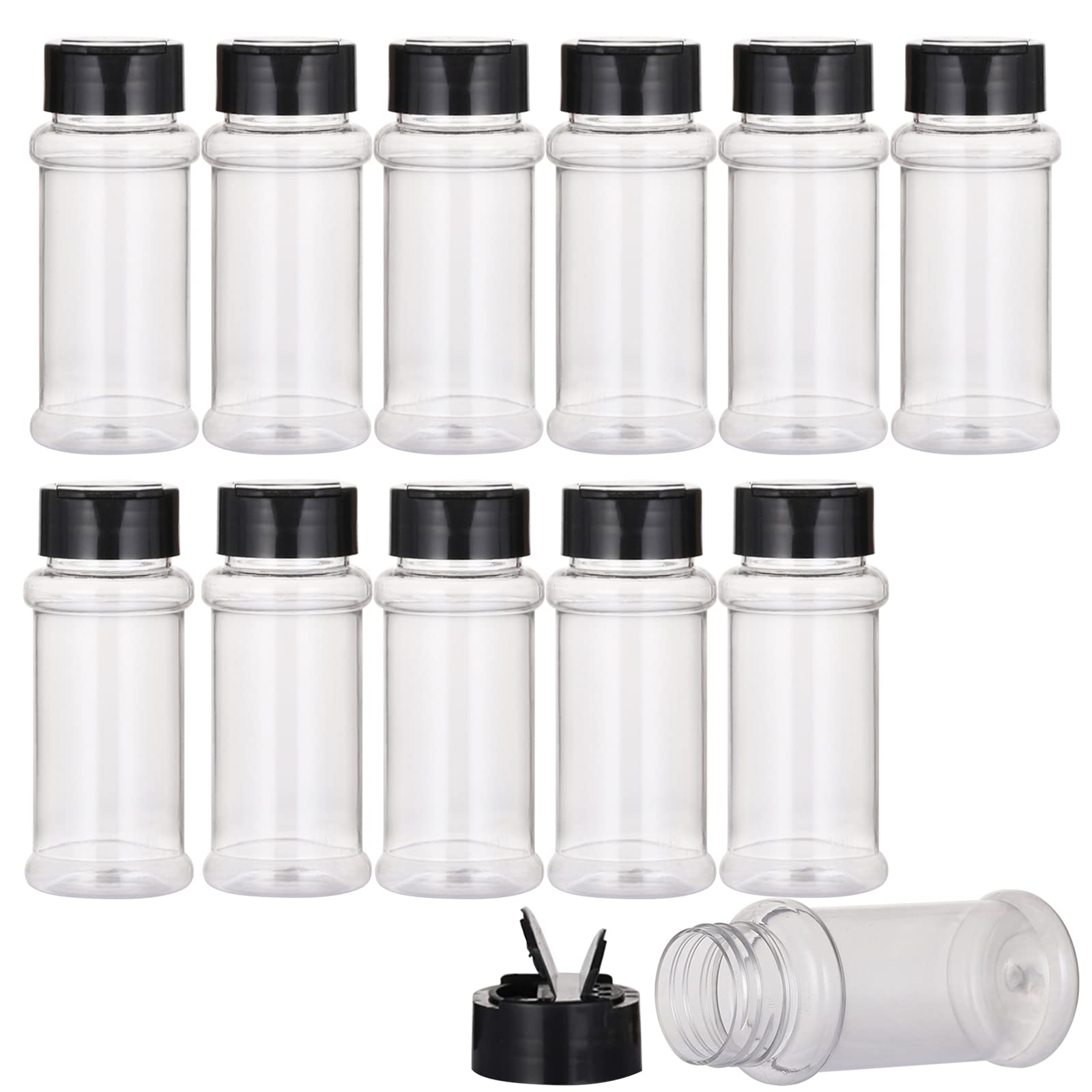 FEOOWV 12 PACK - 3.3 Oz Plastic Spice Jars Bottles Containers with Black Screw Lids to Pour or Shake - Perfect for Storing Spice, Herbs and Powders - Lined Cap - BPA free