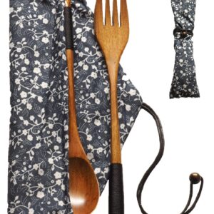 Premium Wooden Bamboo Spoon and Fork Set - w/Cotton Pouch - Bpa Free - Food safe 100% - Made from Organic Bamboo - Reusable - Serving utensils - Salad - Medium Size - 9.5 inches