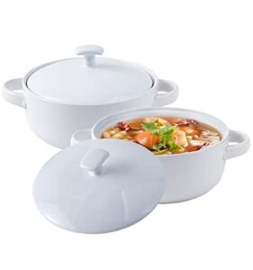 bruntmor 20 oz round soup crock with lid, ceramic serving white soup bowl with large loop handle, white ceramic bakeware with lid, french onion soup, cereals, oven and dishwasher safe- white