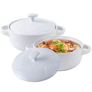 Bruntmor 20 Oz Round Soup Crock With Lid, Ceramic Serving White Soup Bowl With Large Loop Handle, White Ceramic bakeware with lid, French onion soup, Cereals, Oven and Dishwasher Safe- White