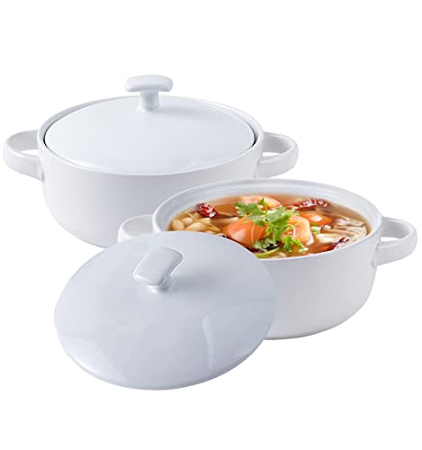 Bruntmor 20 Oz Round Soup Crock With Lid, Ceramic Serving White Soup Bowl With Large Loop Handle, White Ceramic bakeware with lid, French onion soup, Cereals, Oven and Dishwasher Safe- White