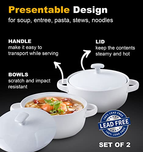 Bruntmor 20 Oz Round Soup Crock With Lid, Ceramic Serving White Soup Bowl With Large Loop Handle, White Ceramic bakeware with lid, French onion soup, Cereals, Oven and Dishwasher Safe- White